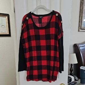 Red and Black Plaid Sweater with Button Details
